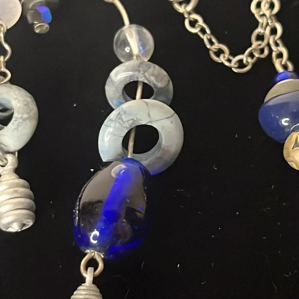 One‎ of a Kind Handmade Sterling Silver Blue Glass Bead Dangle Safety Pin Brooch